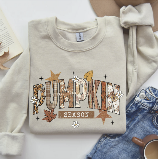 Pumpkin Season Sweatshirt – beige fall pullover with patchwork pumpkin lettering and autumn leaves