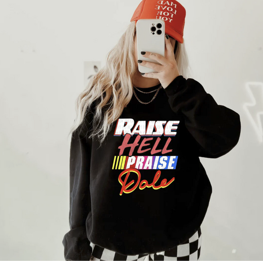 Raise Hell Praise Dale retro racing graphic sweatshirt in black
