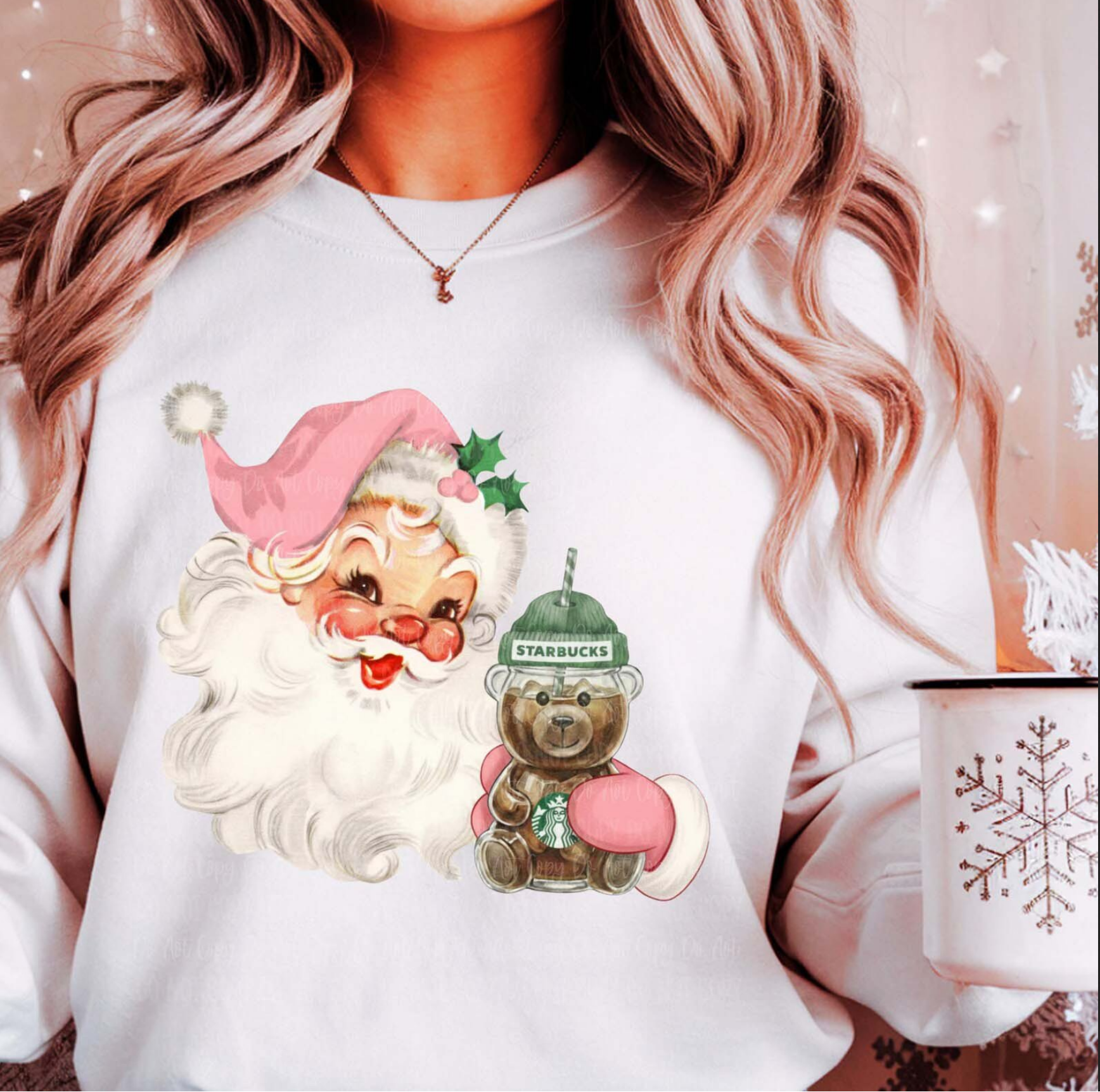 Woman wearing Jolly & Caffeinated Santa sweatshirt holding snowflake mug

Vintage Santa sweatshirt with coffee bear and festive red lettering

Cozy white Christmas crewneck styled for holiday mornings

Funny coffee and Christmas sweatshirt gift idea