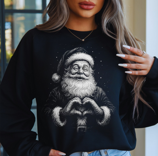 “Vintage-style Santa making a heart with his hands on a cozy black holiday sweatshirt”