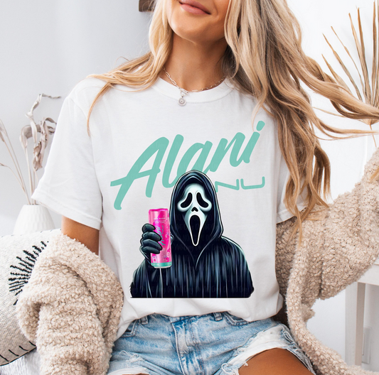 Woman wearing white graphic t-shirt with Ghostface holding a pink Alani Nu energy drink

Funny horror movie Ghostface t-shirt with Alani Nu can design

Scream Ghostface Halloween graphic tee in casual outfit