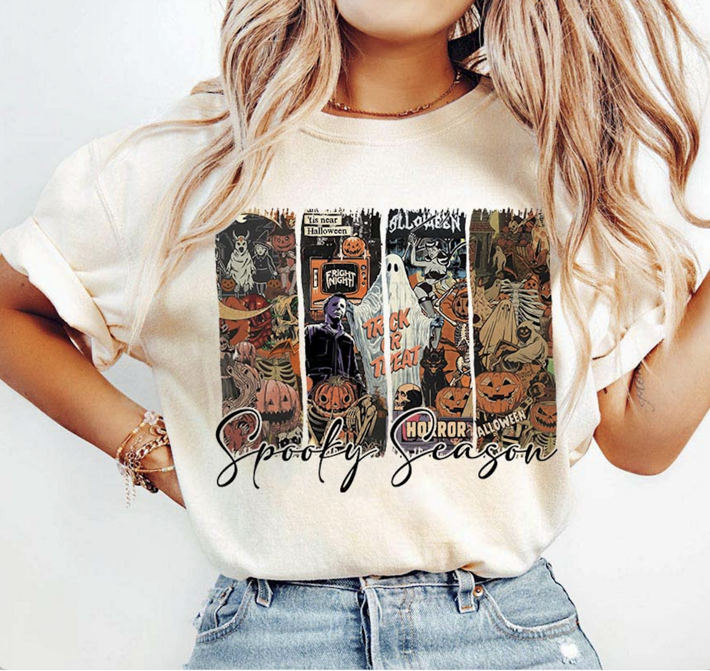 "Beige t-shirt with spooky season collage featuring pumpkins, ghosts, horror icons, and text ‘Spooky Season’ – vintage Halloween tee"