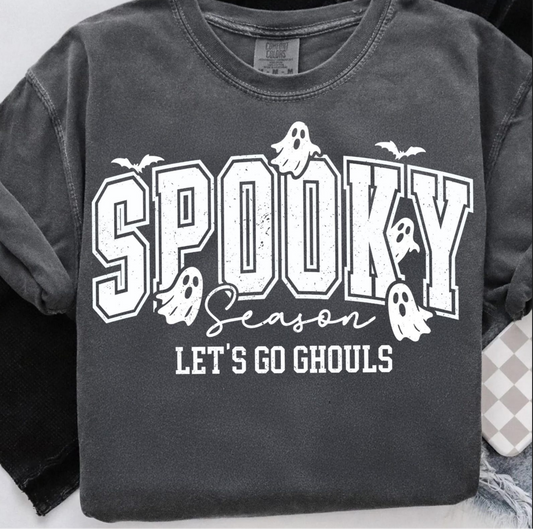 Spooky Season Let’s Go Ghouls Halloween Sweatshirt – varsity-style black pullover with ghost graphic