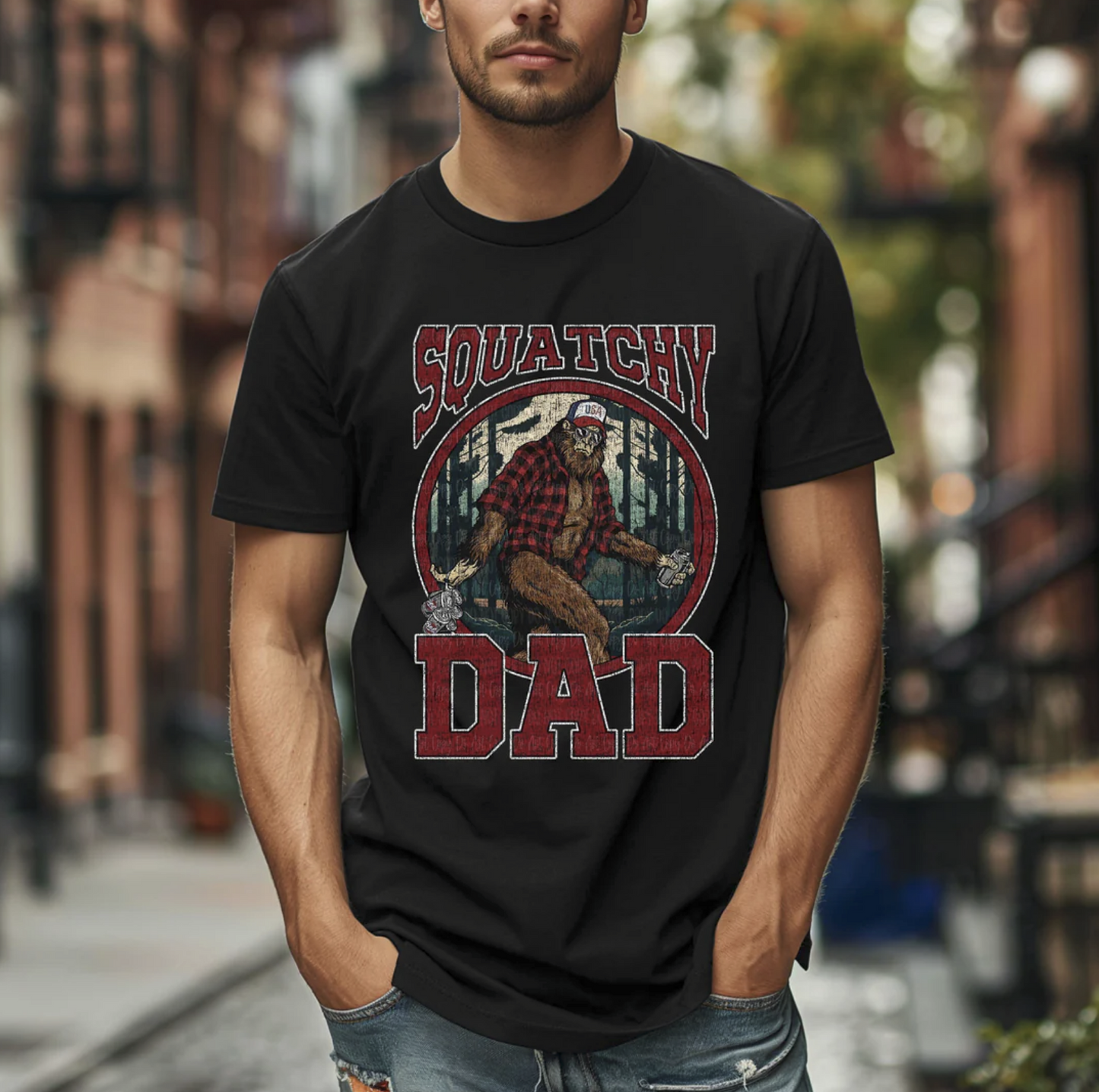 Squatchy Dad graphic tee with retro Bigfoot in flannel shirt on black shirt
