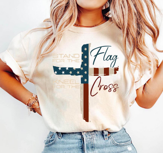  Woman wearing beige Stand for the Flag Kneel for the Cross t-shirt – patriotic Christian tee
Rustic cross with American flag graphic – faith and freedom shirt
Religious and patriotic t-shirt for church, holidays, and everyday wear
