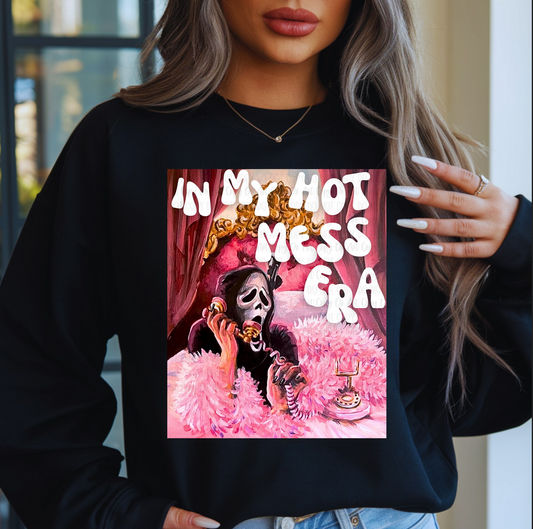 Black tee or sweatshirt with pink ghostface “In My Hot Mess Era” design – pop culture apparel