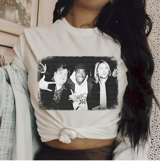 "Chris Farley Tupac Kurt Cobain graphic t-shirt black and white"

"Vintage pop culture icons tee with Farley, Tupac, Cobain"

"Unisex comedy and music legends graphic t-shirt"