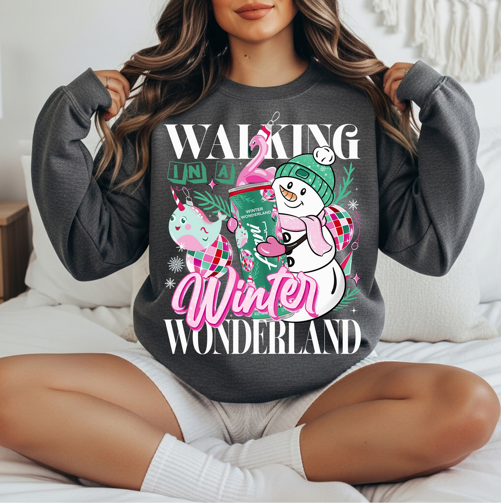 Walking in a Winter Wonderland sweatshirt with snowman graphic
Cozy winter crewneck with pink and white holiday design
Cute Christmas sweatshirt perfect for winter outfits