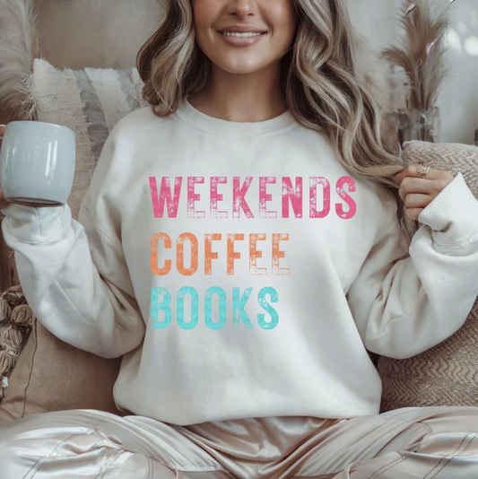 Weekends Coffee Books Sweatshirt – cozy beige pullover with pastel lettering for book and coffee lovers