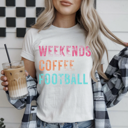 Weekends Coffee Football T-Shirt – casual fall game day tee with pastel block lettering