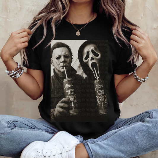 Black Halloween shirt with Michael Myers and Ghostface sipping Alani Witch’s Brew
