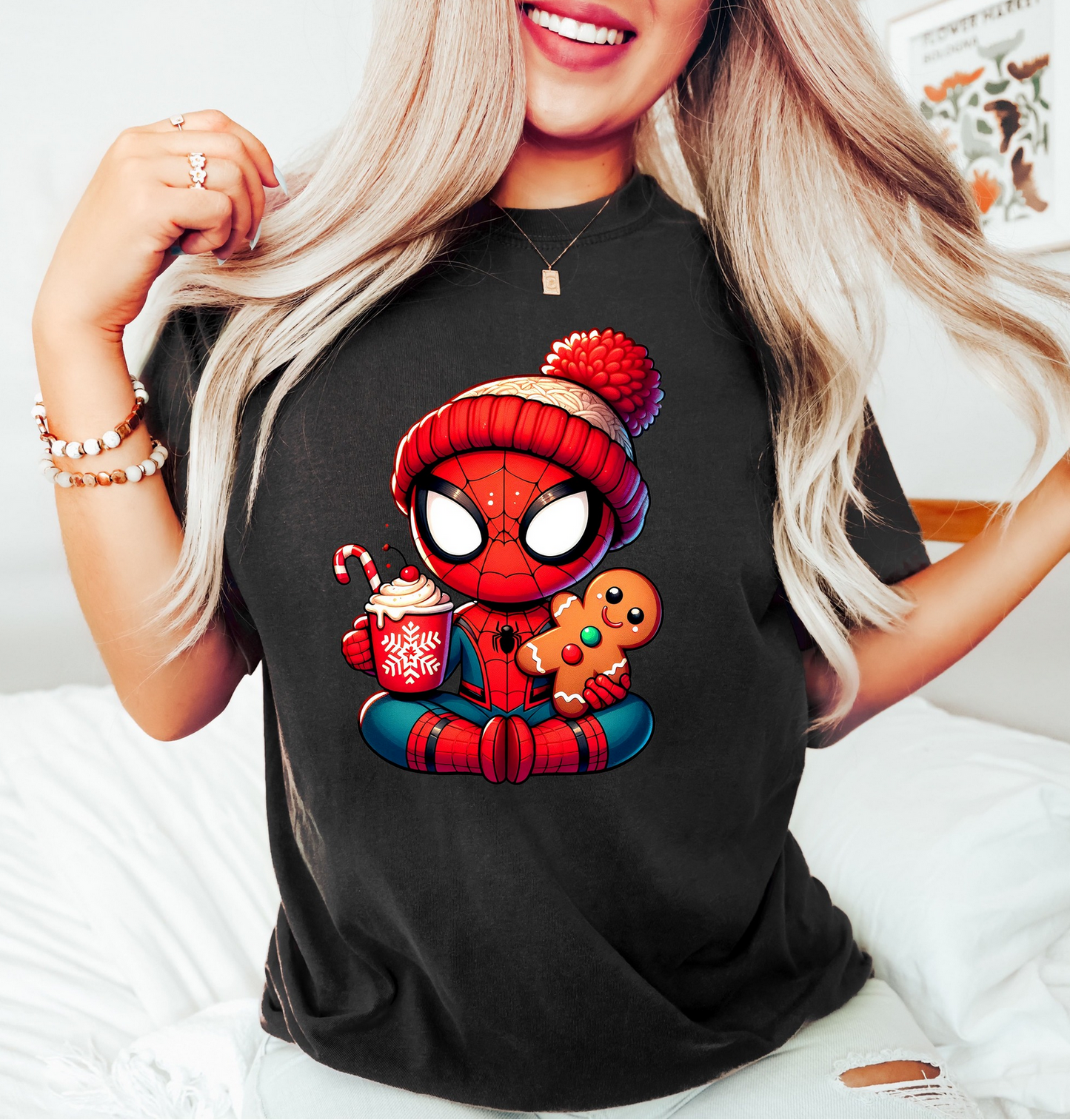Woman wearing superhero Christmas t-shirt with cocoa and gingerbread
Cute holiday graphic tee for comic book fans.
Festive Christmas superhero shirt in black
Funny holiday graphic tee gift idea