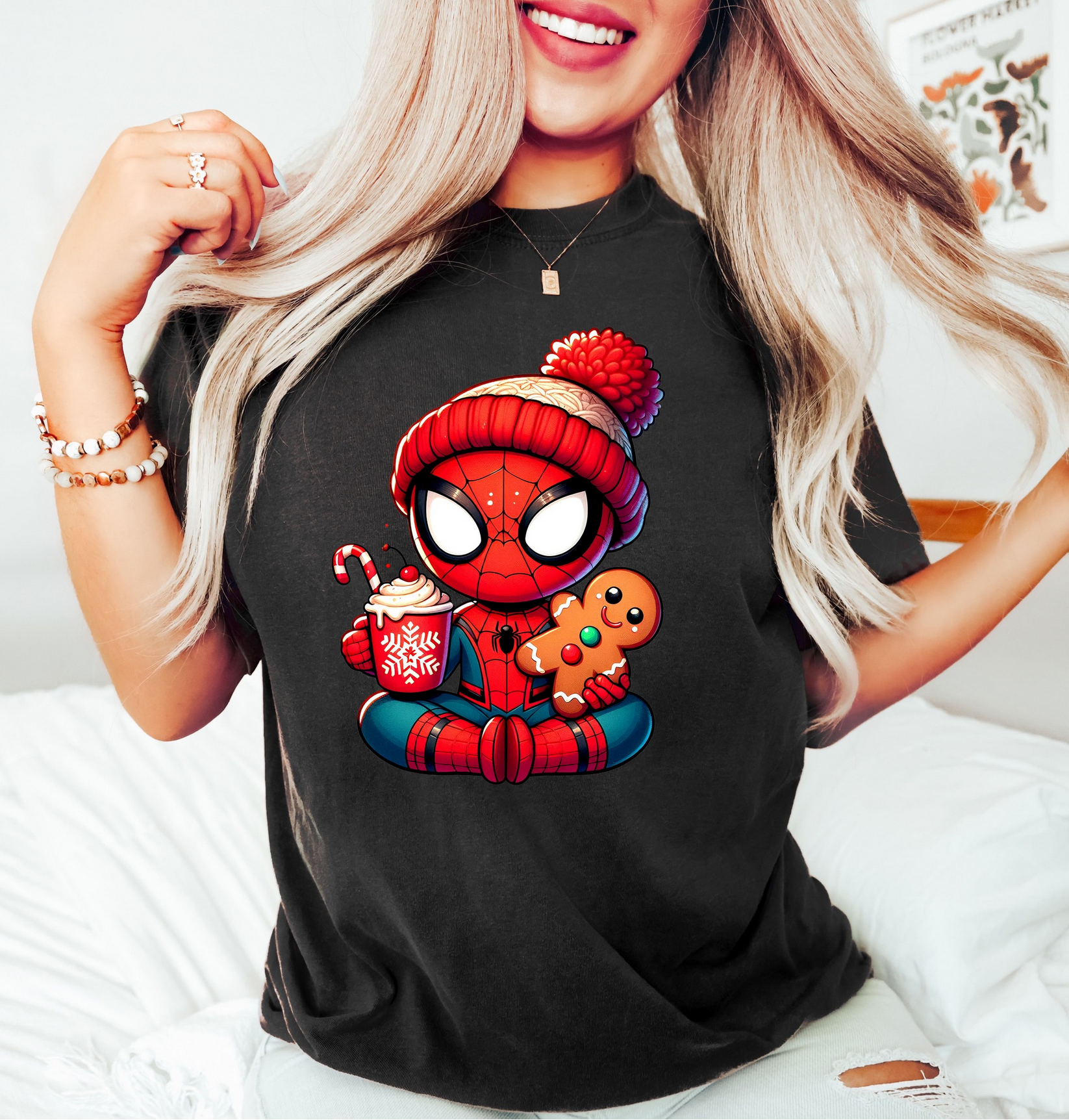 Woman wearing superhero Christmas t-shirt with cocoa and gingerbread
Cute holiday graphic tee for comic book fans.
Festive Christmas superhero shirt in black
Funny holiday graphic tee gift idea