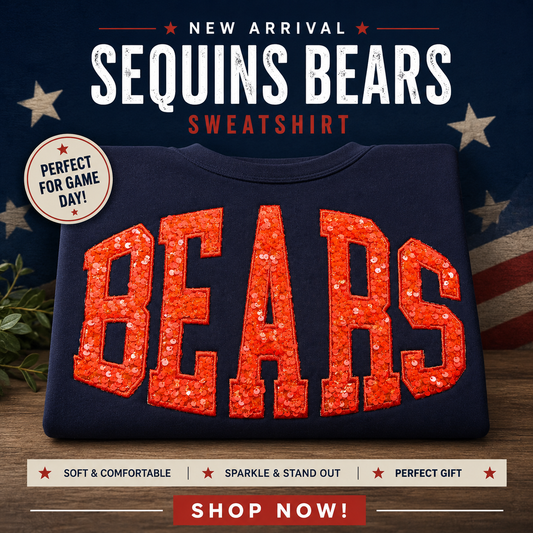 Navy crewneck sweatshirt featuring bold red sequin BEARS lettering perfect for football game day outfits and tailgate events.