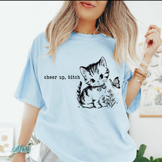 Light blue t-shirt with black kitten and butterfly graphic, text “Cheer Up Bitch” – funny sarcastic cat lover tee
