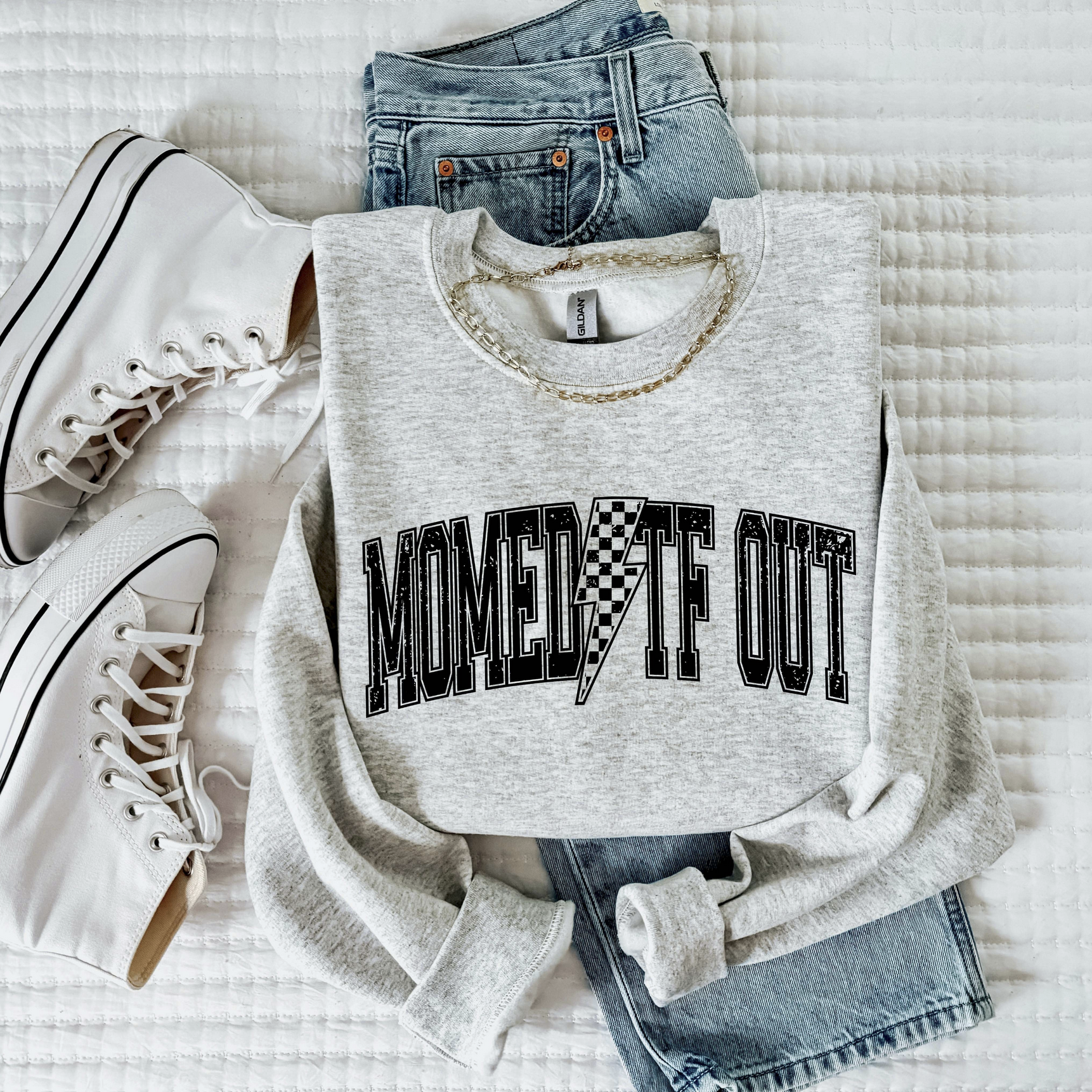 Momed TF Out funny mom life sweatshirt in gray with checkered lightning bolt design
