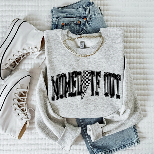 Momed TF Out funny mom life sweatshirt in gray with checkered lightning bolt design
